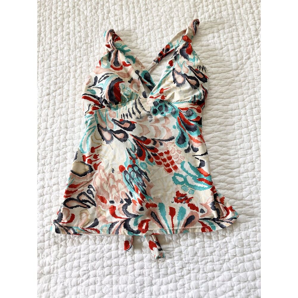 Women’s Floral Tankini Swim Top Tie Back Halter Multicolor Beach Boho Size S/M?